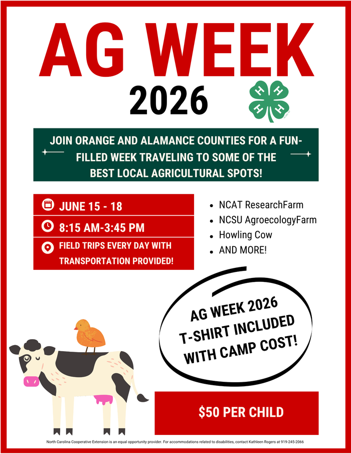 Join us this week to learn about North Carolina's agriculture industry! Visit farms, explore what it takes to put food on your table, and explore careers in farming, food, and ag technology!June 15-18Open to youth ages 9-128:30 AM-3:30 PM Daily