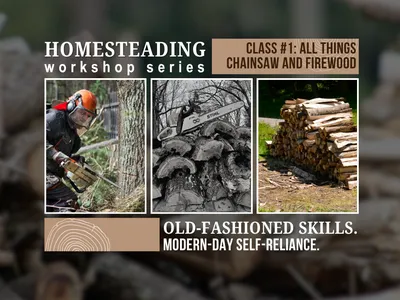 Advertisement for upcoming chainsaw and firewood class, image of a chainsaw and an ax splitting wood