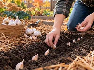 Basket of garlic located on left side of picture with a few of the garlic cloves on the ground.  one straight trench has been dug and small cloves of garlic are being placed in the trench to be planted.