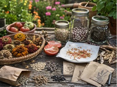 Wooden table with various different seeds, in brown paper envelopes, and mason jars. There are dried flowers in a basket on the table along with green & red fresh tomatoes with one cut in half. Table appears to be sitting in the middle of flower garden
