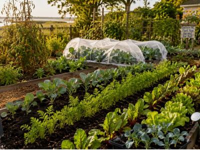 Photo by Angela Mason Foster, Brookgreen Gardens - Kitchen Garden/Murrells Inlet, SC - Fall Garden with multiple rows of green plants. There is a lake in the back ground and a wooden fence with sunflowers blooming.