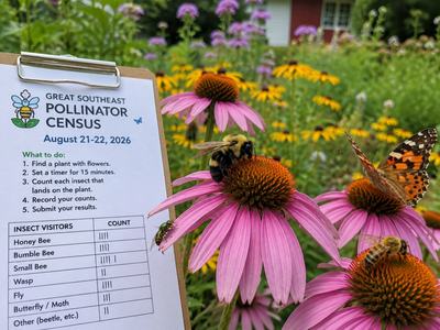 Purple petal flowers with orange centers that have bees, butterflies and beetles on them.  There is also a clipboard on the left side with tally marks for the great southeast pollinator census