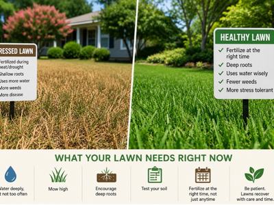 Picture is divided in the middle.  On left side, is a stressed lawn with brown dried grass. Sign in grass has all the problems listed.  On right side, is a healthy lawn with green grass.  Sign in grass lists all the positive things about a healthy lawn