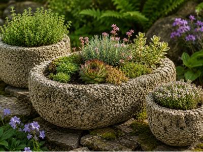 Three flower pots made of hypertufa sitting on a stone wall surrounded by greenery and other flowers. Two pots are circular, one is smaller than the other, and one is oval. Each one contains a variety of succulents