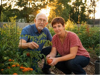 Charles R. Mason (on left) and Angela Mason Foster (on right) in a garden looking at a tomato plant
