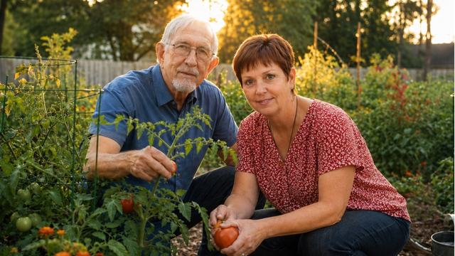 Charles R. Mason (on left) and Angela Mason Foster (on right) in a garden looking at a tomato plant