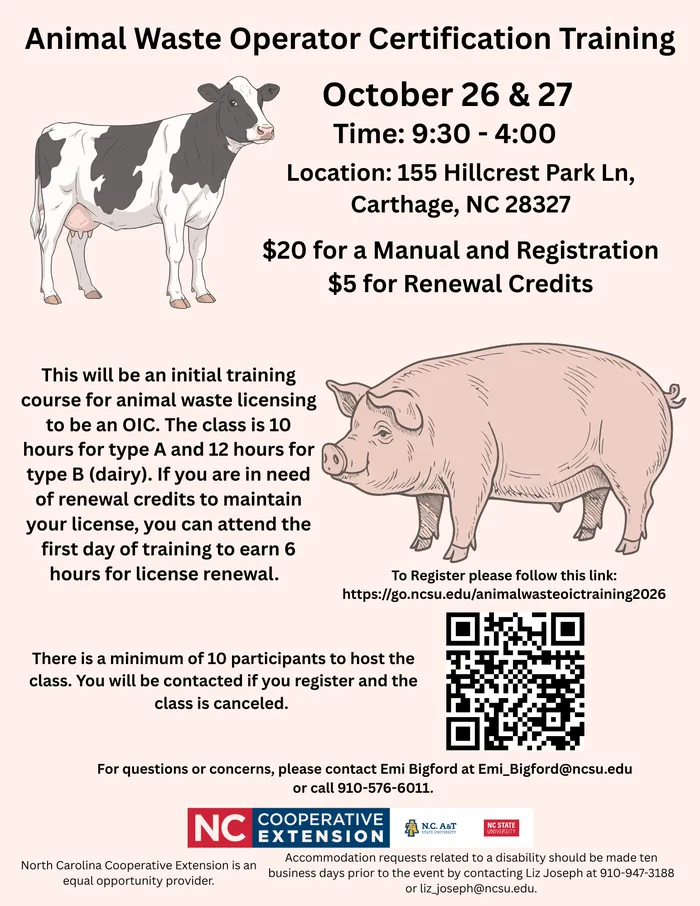 flyer of training information with pig and cow picture