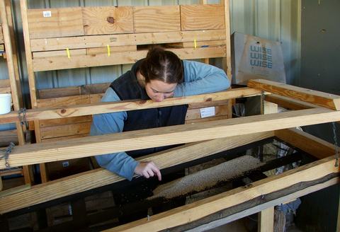 Person sifting through sand in wooden structure