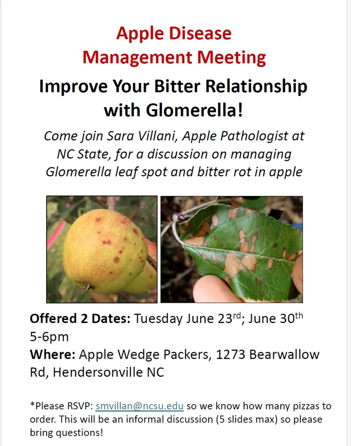 Flyer announcing Informal Apple Disease Management Meeting Focused on GLS and Bitter Rot