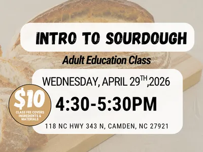 loaf of bread with intro to sourdough event details that are listed in article
