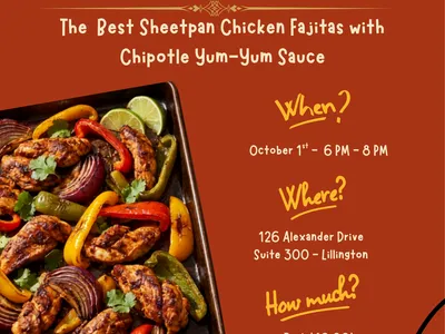 This is an image of a flyer advertising a sheet-pan cooking class on October 1st from 6pm-8pm.