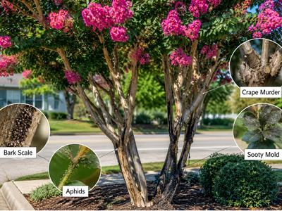 Crape myrtle in bloom with pink flowers. The tree is on the side a street.  There are four cirlces within the picture that have another picture within the circle labeled bark scale, aphids, crape murder, and sooty mold