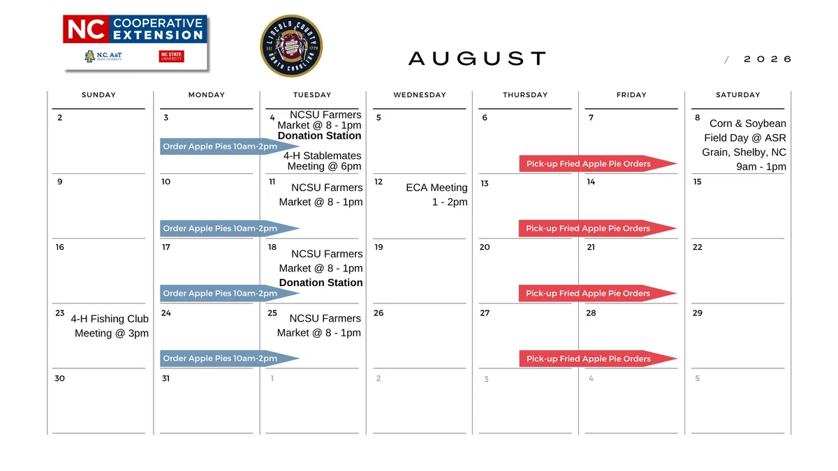 August 2026 Calendar of Events