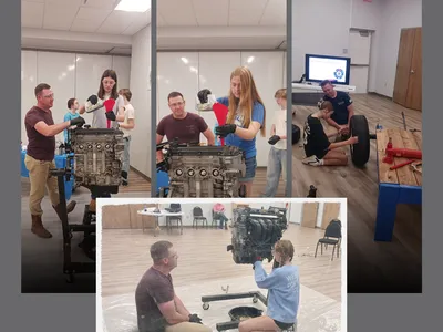 Adult teaching youth change tire and oil in car