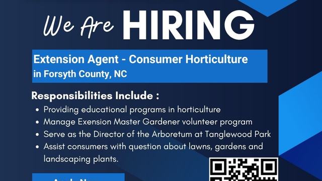 Flyer showing We are Hiring an Extension Agent for Consumer Horticulture in Forsyth County. Details included in the news story.