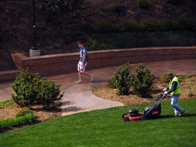 Lawn maintenance on main campus a sunny Spring day. PHOTO BY ROGER WINSTEAD