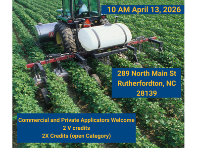April 13 @ 10AM. Pesticide Credit Opportunity. 289 N. Main St Rutherfordton NC.