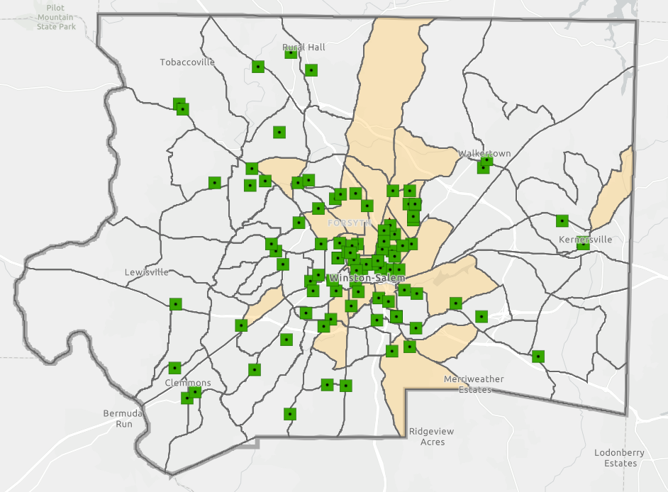A screenshot of the interactive map of Forsyth County Community Gardens