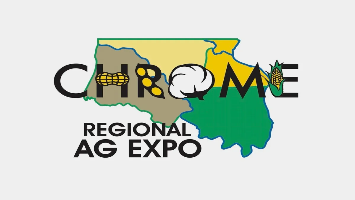 Logo for the CHROME regional ag expo. Includes stylized CHROME lettering with cotton soybeans and peanuts and the 4-county region that this expo supports.