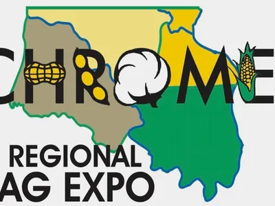 CHROME Regional Ag Expo Logo with 4 county, 3 river region, including stylized CHROME lettering with peanut, soybean, cotton, and corn plant parts