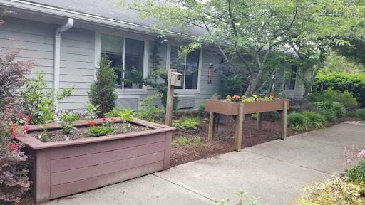 Raised beds are filled with colorful plants