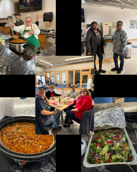 Three photos of family and friends gathered around enjoying their meal and time at our community soup luncheon. And images of the meal we served, soup and a salad.