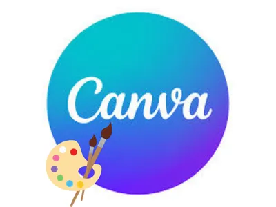 An artist's palette and brushes are superimposed over the Canva ball logo