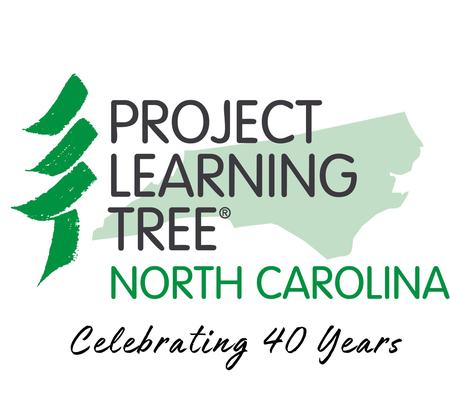 NC PLT Logo has a green tree on the left made with three sweeping brush strokes for the tree top and one brush stroke for the trunk. In the background is a light green outline of the state of North Carolina. Overlaying the state outline are the words Project Learning Tree in black and North Carolina in Green.