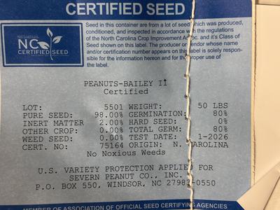Tag for a bag of certified Bailey II seed