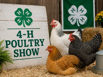 Photo of Poultry Show Sign with Chickens in the foreground