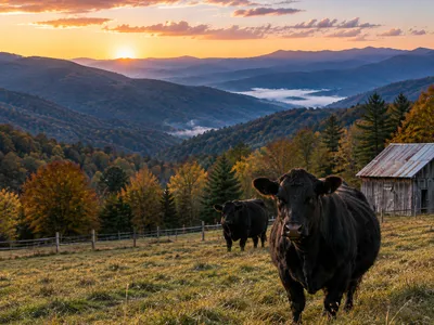 Cattle in the field with barn and mountains in the background