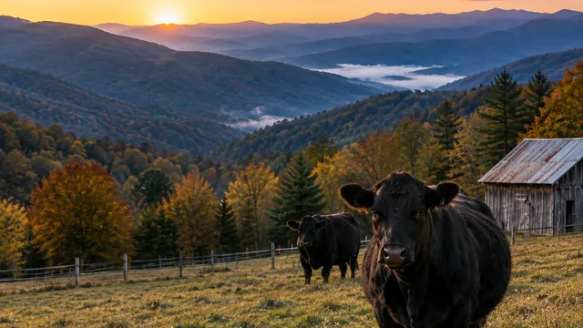 Cattle in the field with barn and mountains in the background