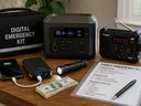 A digital emergency kit and its components are laid out on the table. Items include a power bank, an uninterrupted power supply and cash.