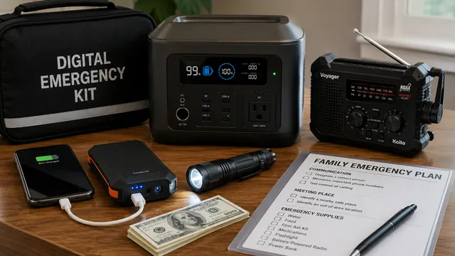 A digital emergency kit and its components are laid out on the table. Items include a power bank, an uninterrupted power supply and cash.