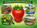Strawberry with icons showing cultural, chemical, biological, and physical pest management methods