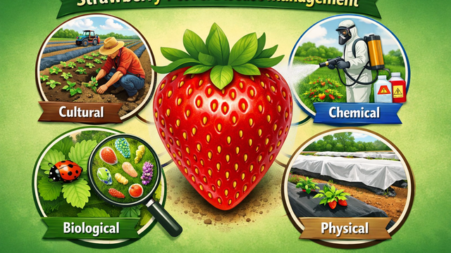 Strawberry with icons showing cultural, chemical, biological, and physical pest management methods