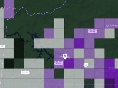 A screenshot from www.coveragemap.com showing cellular coverage available from all carriers in Cherokee County NC on September 23, 2026. The image shows that there are siginifant areas where there is no signal at all.
