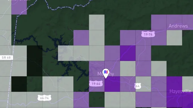 A screenshot from www.coveragemap.com showing cellular coverage available from all carriers in Cherokee County NC on September 23, 2026. The image shows that there are siginifant areas where there is no signal at all.