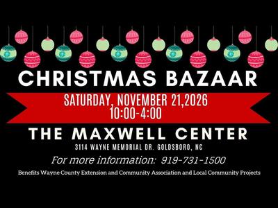 black screen with red and green ornaments that say ECA CHRISTMAS BAZAAR