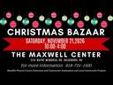 black screen with red and green ornaments that say ECA CHRISTMAS BAZAAR