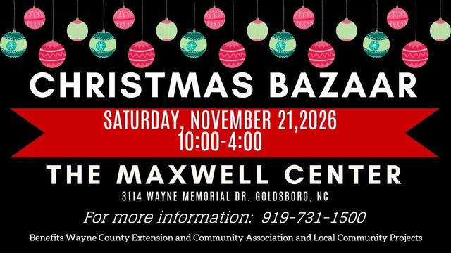 black screen with red and green ornaments that say ECA CHRISTMAS BAZAAR