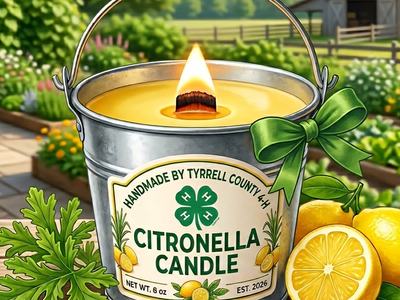 A lit 8 oz citronella candle in a mini tin bucket with a green bow. The label features the Tyrrell County 4-H clover. Fresh lemons and greenery surround the candle on a rustic table with a sunny garden and barn in the background.