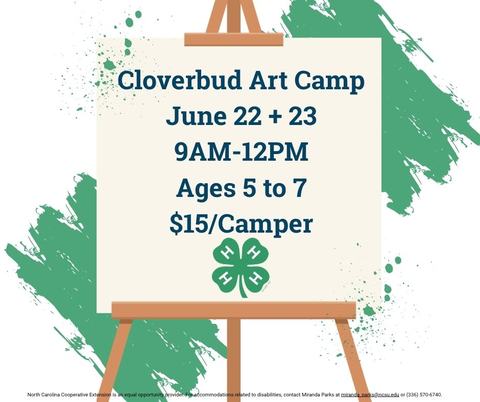 Cloverbud Art Camp 
June 22 and 23
9AM-12PM
Open to ages 5 through 7
$15 per camper
Green 4-H Clover Logo