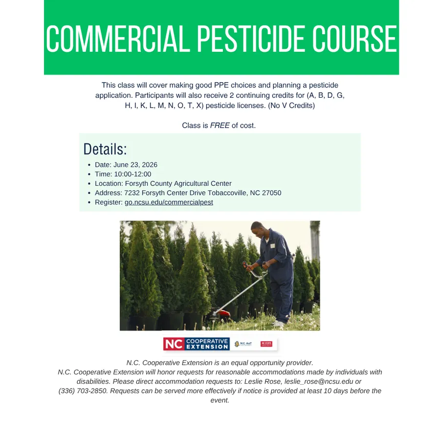 This is a flyer that gives details about a commercial pesticide course on June 23rd in Forsyth County.