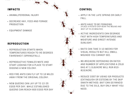 An educational infographic titled "IMPORTED RED FIRE ANTS CONTROL" from the NC Cooperative Extension. The layout features a trail of red ants curving down the center of the page.