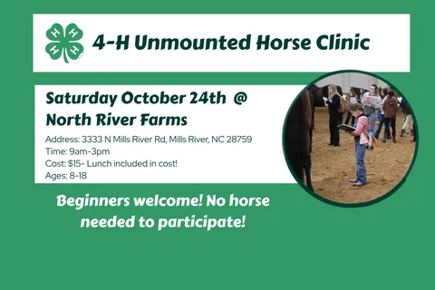 Green and white flyer with text describing the details of the unmounted clinic. Image of girl judging horses.