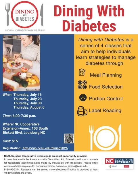 Dining with Diabetes flyer lady eating a meal