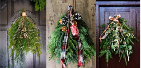 Three different types of holiday swags made of evergreen and natural materials