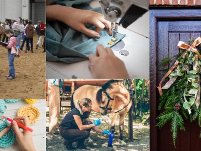 Photo collage of: girl wrapping horse leg, hands sewing on sewing machine, hands crocheting, holiday swag made of pine branches, girl judging horse.