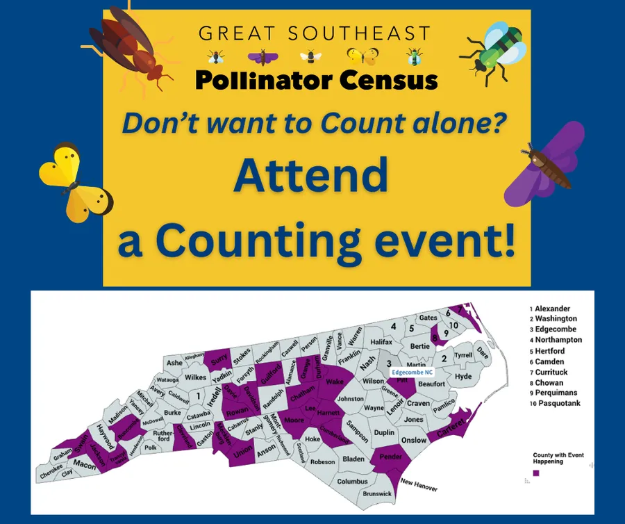 map of north carolina with counties hosting public Great Southeast Pollinator Census events highlighted